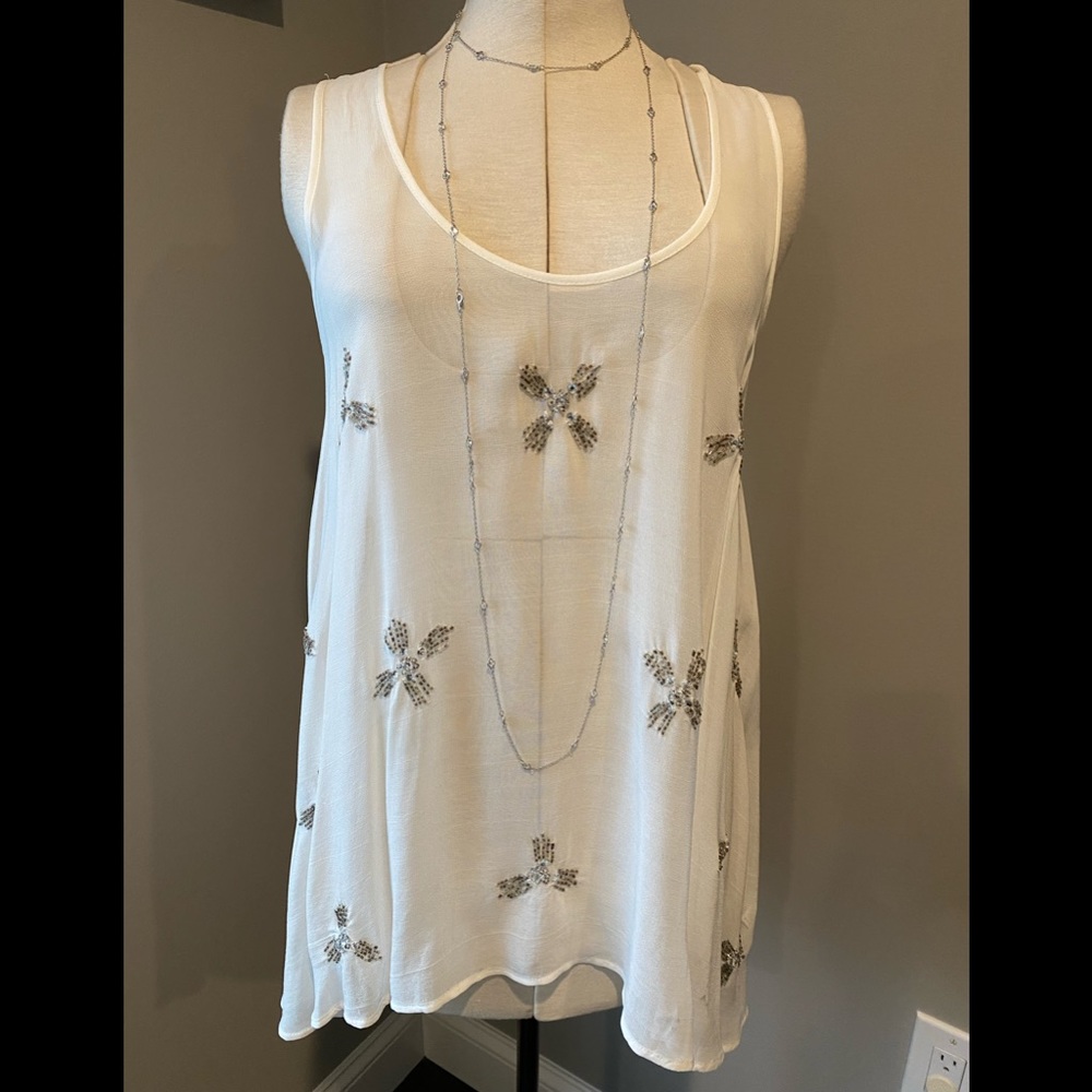 Gudi white beaded jeweled sleeveless blouse/top size S 100% Rayon